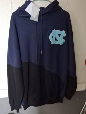 Men's Navy & Black Colorblock Hooded Pullover with Light Blue Emblem